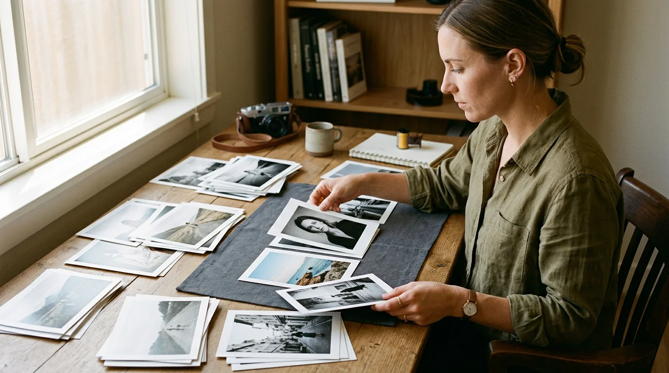 Un photographe organisant et sélectionnant des tirages dans un portfolio sur un bureau