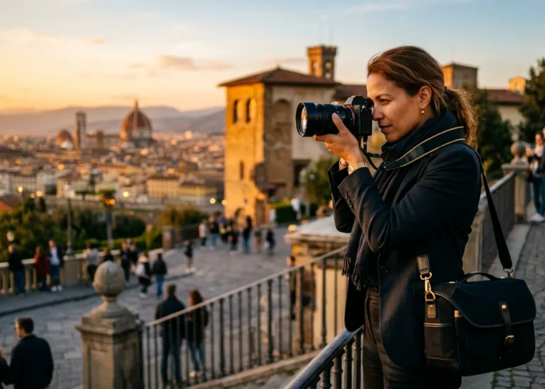 A photographer working on location with a professional camera at golden hour