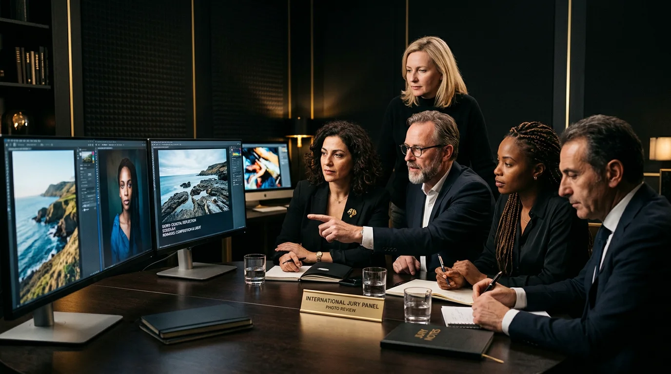 A professional jury reviewing photography submissions on screens in a refined studio