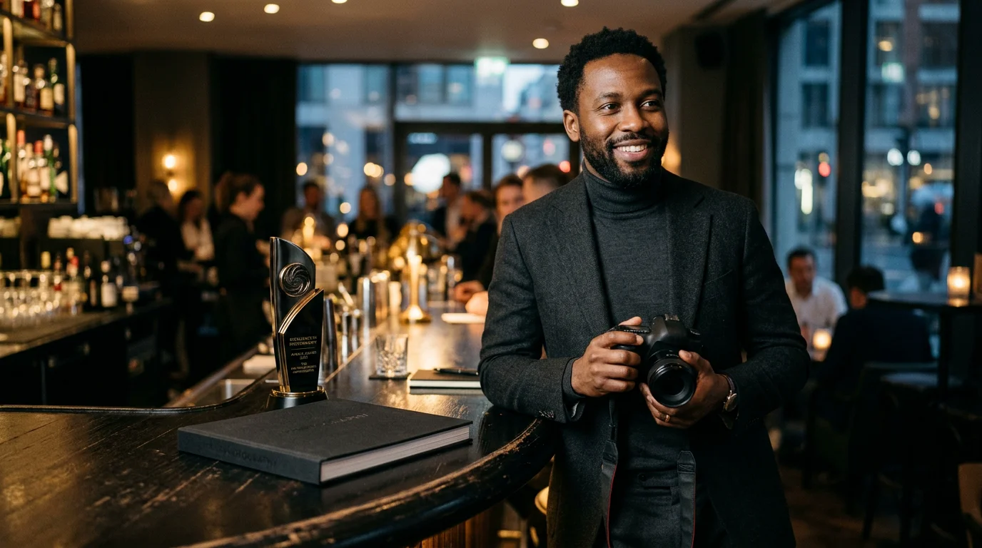 A photographer on location with a camera, printed portfolio and an award trophy