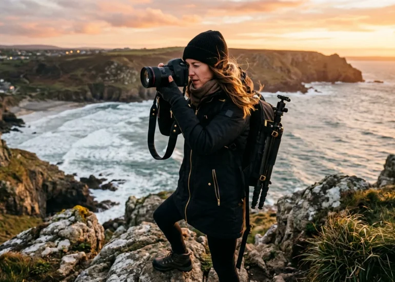 Photographer working on location at dawn on a coastal cliff