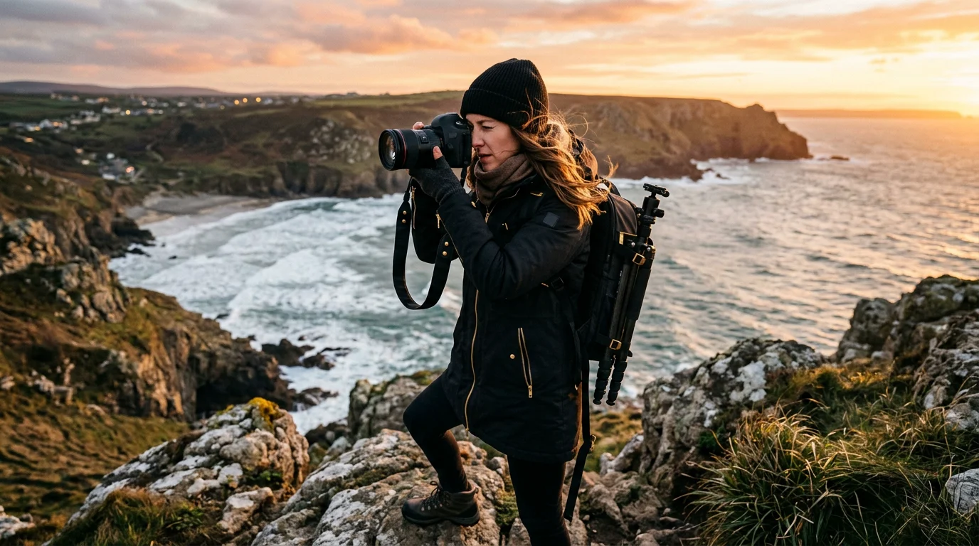 Photographer working on location at dawn on a coastal cliff
