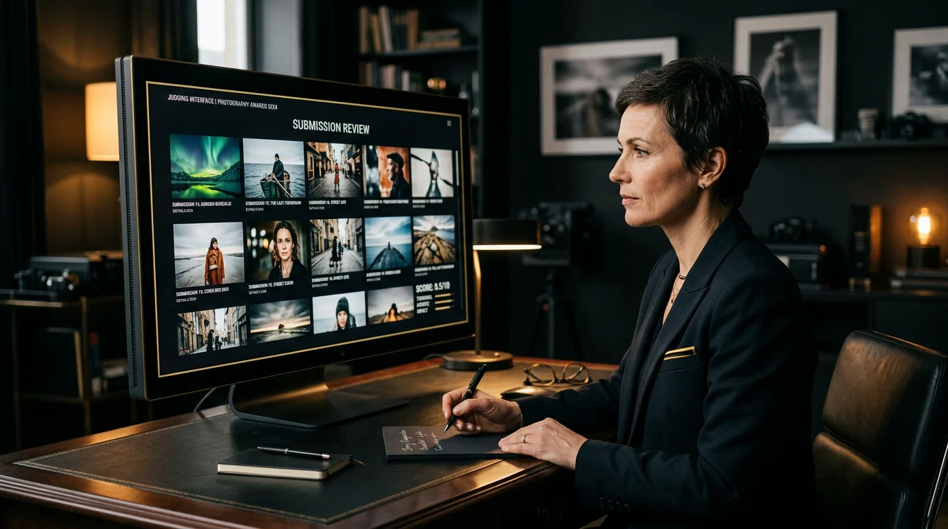 Jury member reviewing photography entries on a screen in a dark studio