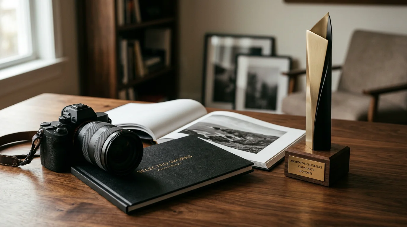 Camera, printed portfolio and an award trophy on a dark table