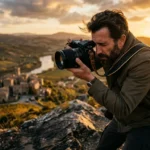 Fotógrafo europeo encuadrando una toma en exteriores durante la hora dorada con una cámara profesional