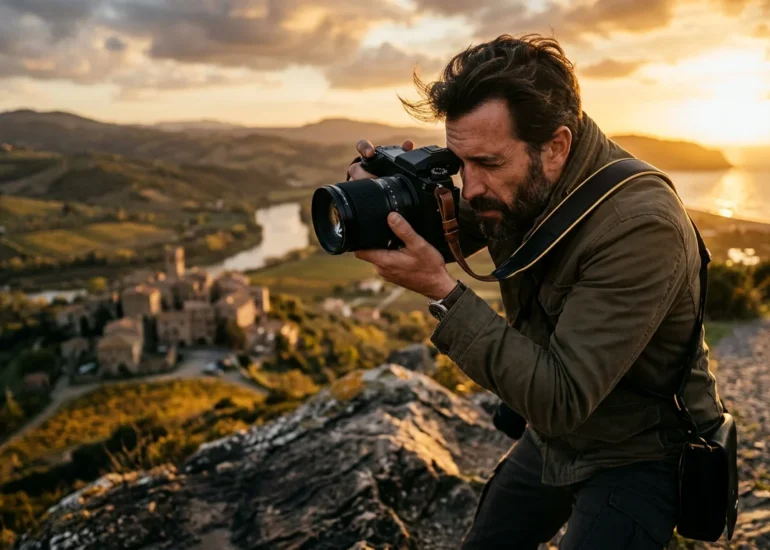 European photographer framing a shot on location at golden hour with a professional camera