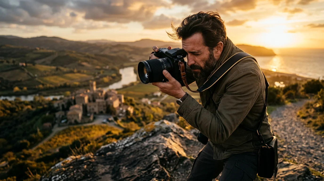 Fotógrafo europeo encuadrando una toma en exteriores durante la hora dorada con una cámara profesional