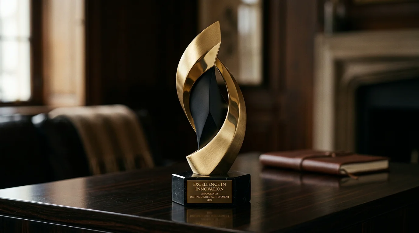 Elegante trofeo de fotografía iluminado con una luz dorada cinematográfica sobre una superficie oscura