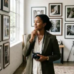 Professional photographer in a studio with curated prints on the wall