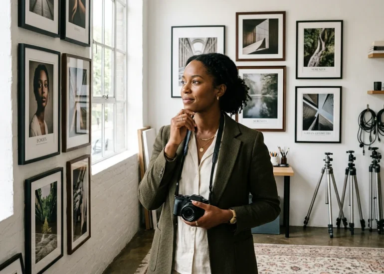 Professional photographer in a studio with curated prints on the wall