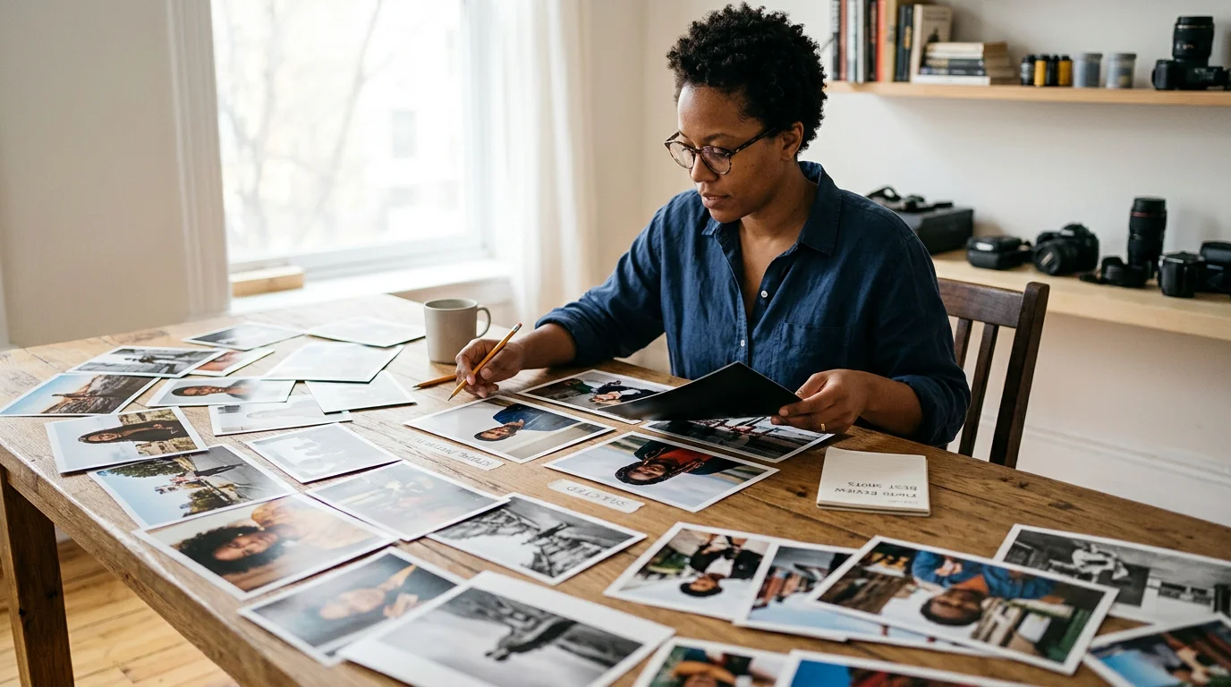 Fotógrafo seleccionando cuidadosamente las mejores copias para un portafolio sobre una mesa con luz natural