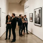 Visitantes observando copias enmarcadas en una elegante exposición fotográfica