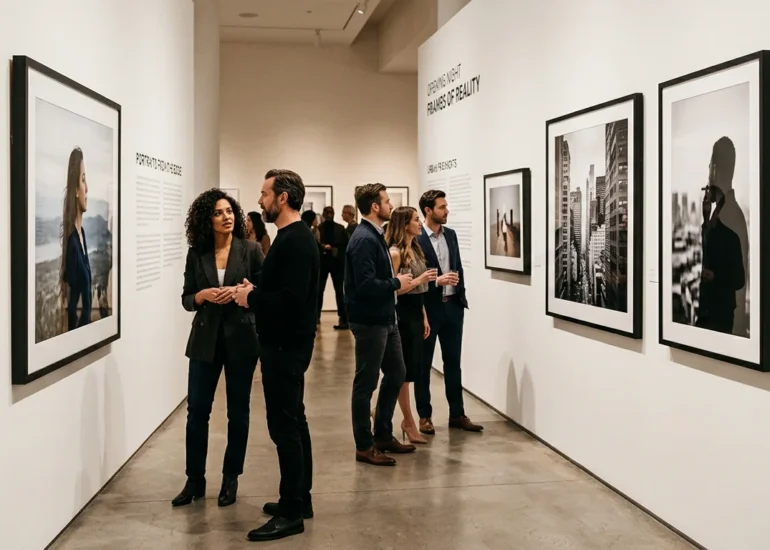 Visitors viewing framed prints at a refined photography exhibition
