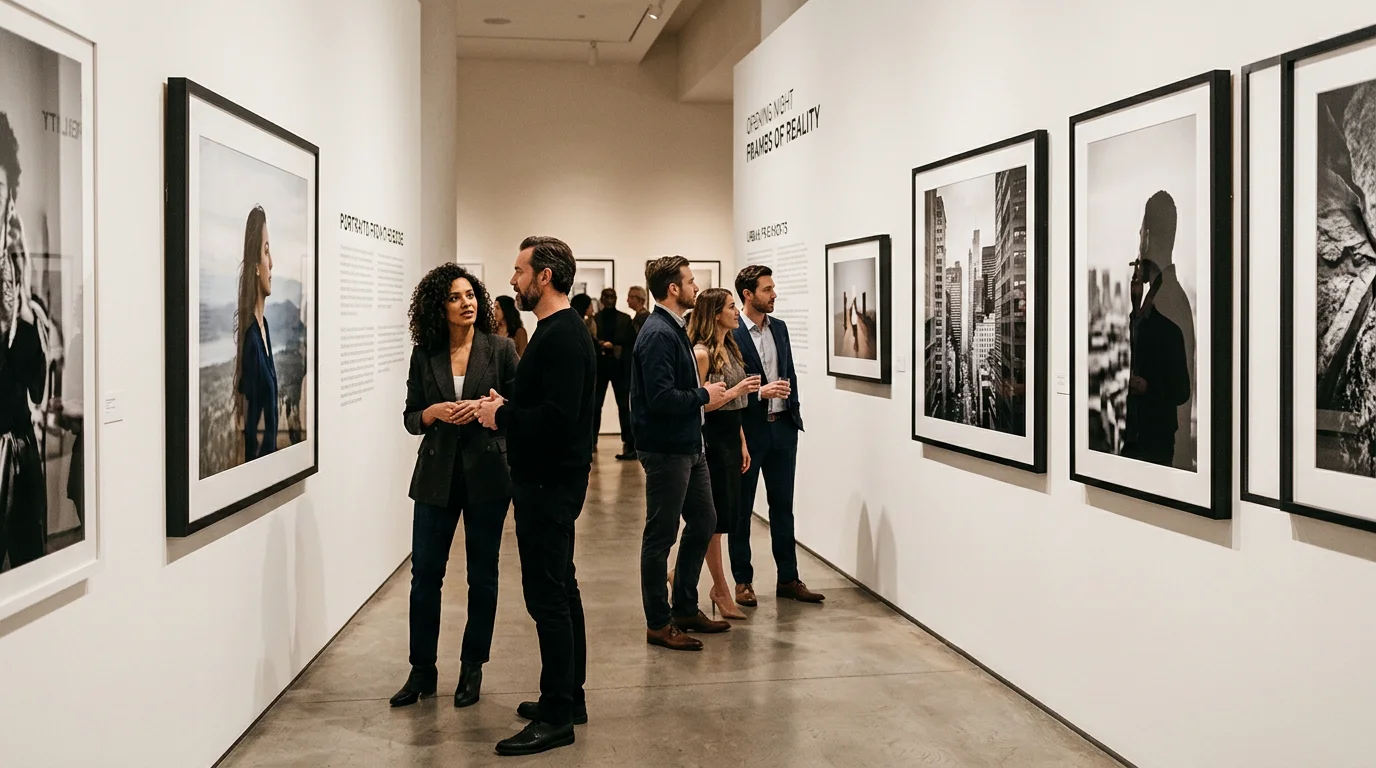 Visitors viewing framed prints at a refined photography exhibition