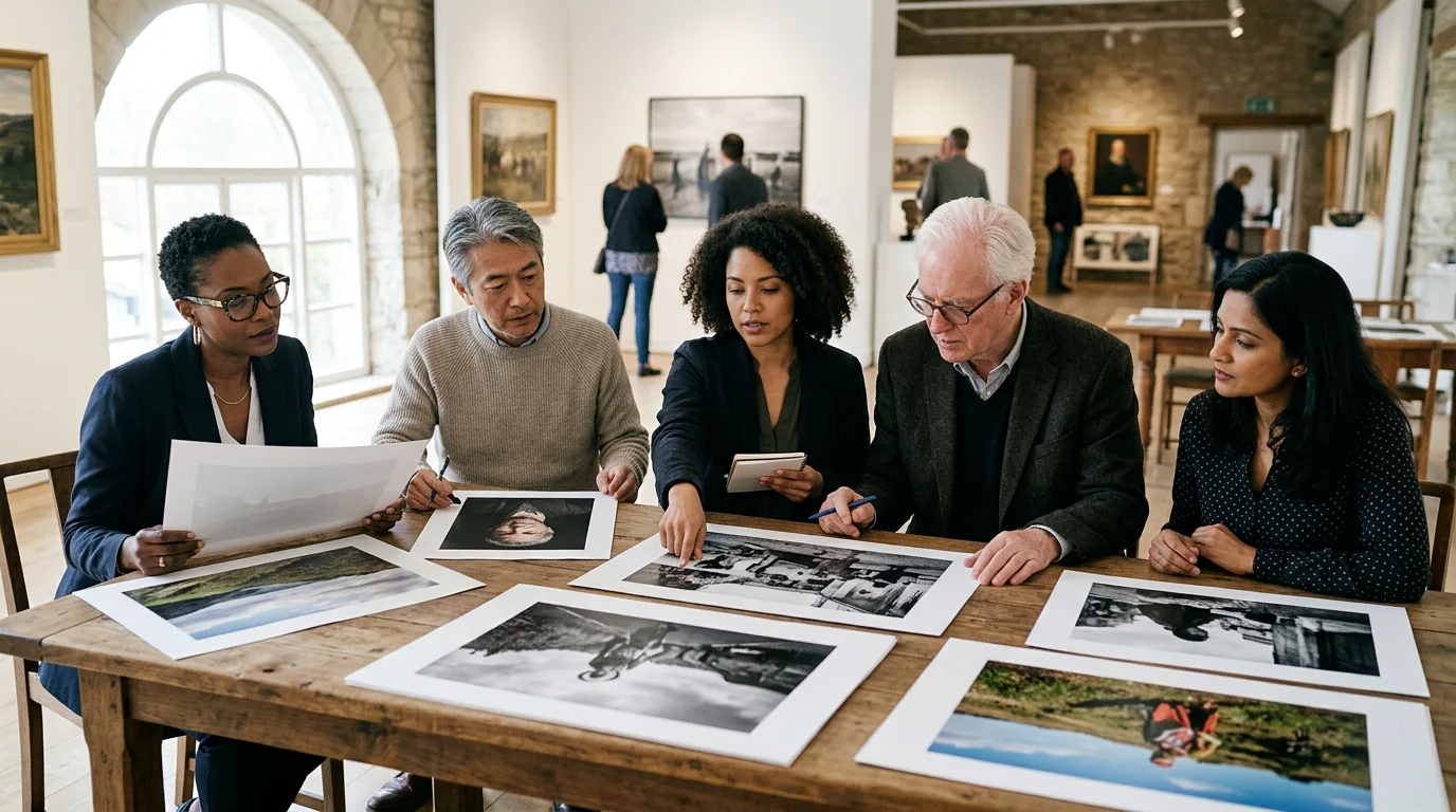 A diverse jury panel examining printed photographs during an award review