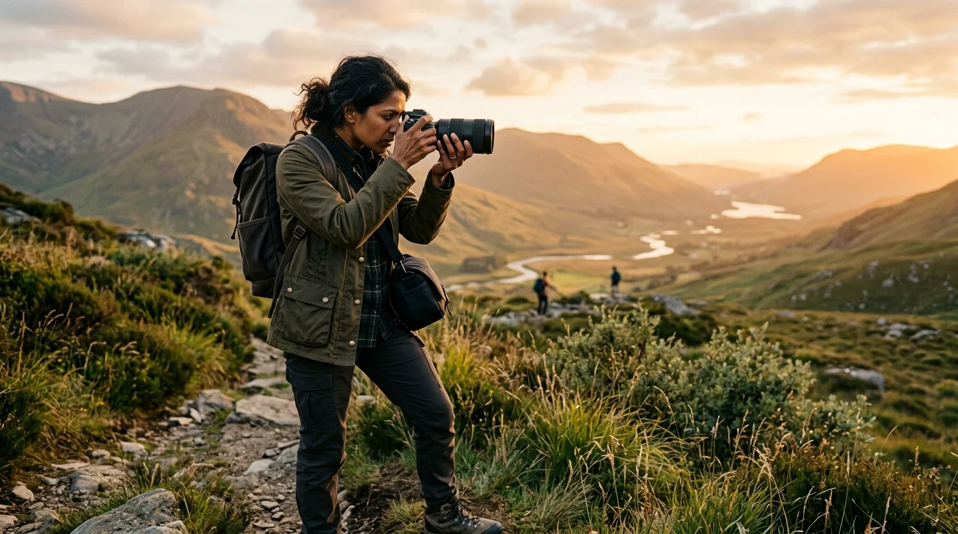 A photographer composing a frame outdoors during golden hour